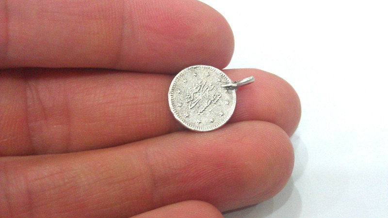 5 Silver Charm  Antique Silver Plated Brass Ottoman Signature Charms 14mm  G13675