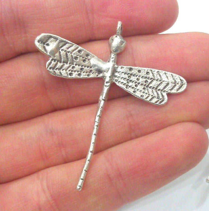 2 Dragonfly Pendant Silver Pendant Antique Silver Plated Brass   G16290