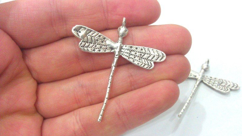 2 Dragonfly Pendant Silver Pendant Antique Silver Plated Brass   G16290