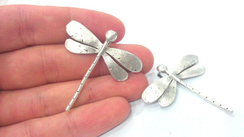 2 Dragonfly Pendant Antique Silver Plated Brass (42x40mm)  G10790