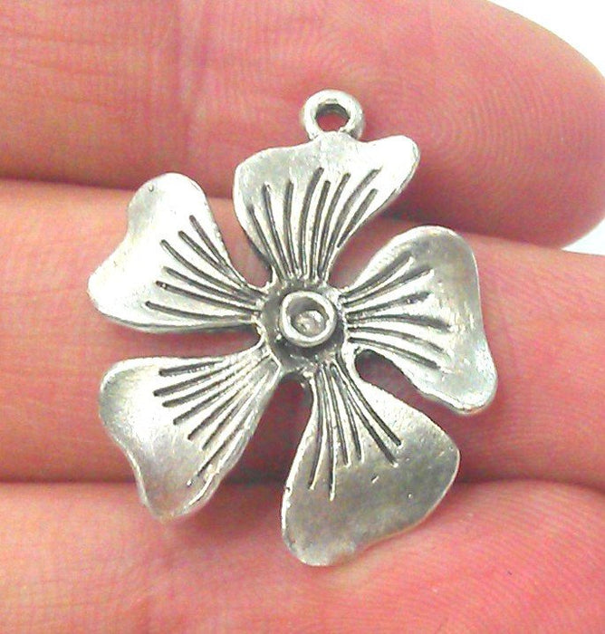 2 Silver Flower Charm Antique Silver Plated Brass G10794