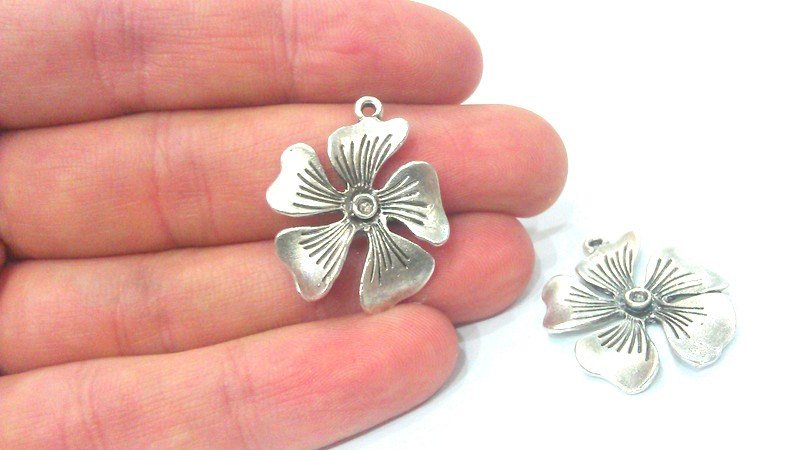 2 Silver Flower Charm Antique Silver Plated Brass G10794