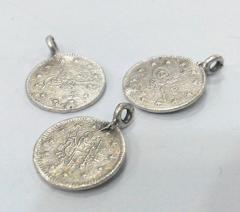 5 Silver Charm  Antique Silver Plated Brass Ottoman Signature Charms 14mm  G13675