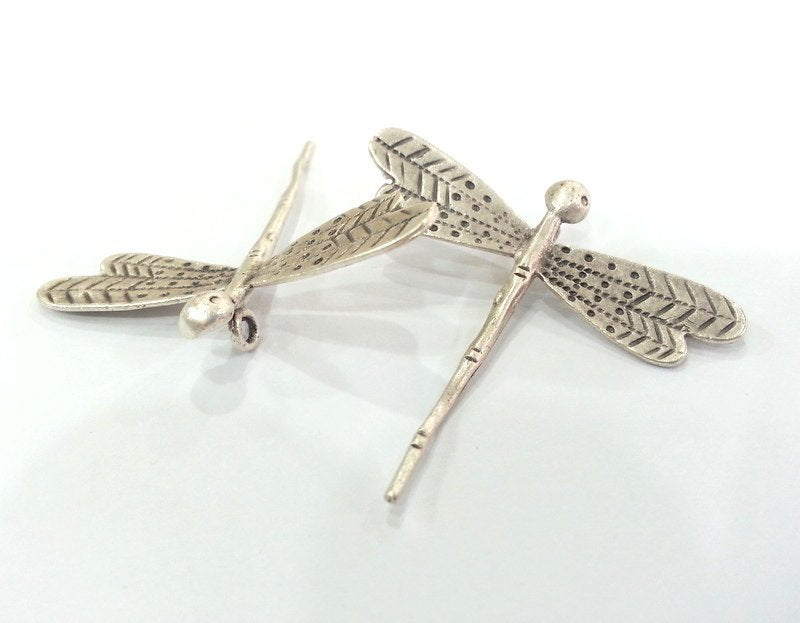 2 Dragonfly Pendant Antique Silver Plated Brass 40x35mm  G10789