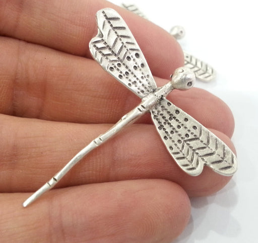 2 Dragonfly Pendant Antique Silver Plated Brass 40x35mm  G10789