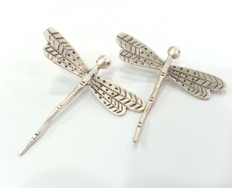 2 Dragonfly Pendant Antique Silver Plated Brass 40x35mm  G10789