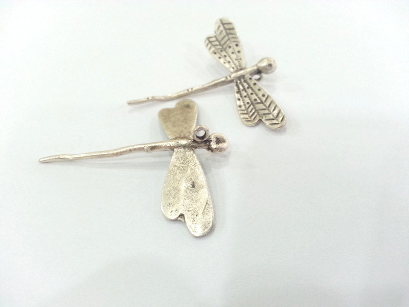 2 Dragonfly Pendant Antique Silver Plated Brass 40x35mm  G10789