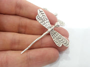 2 Dragonfly Pendant Antique Silver Plated Brass 40x35mm  G10789