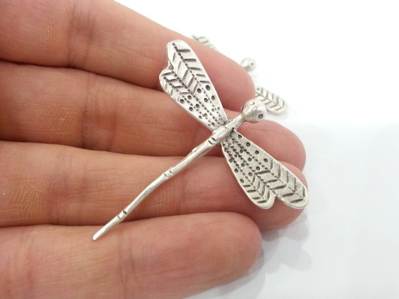2 Dragonfly Pendant Antique Silver Plated Brass 40x35mm  G10789