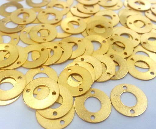 10 Pcs (14 mm)  Round Connector with Double Holes , Gold Plated Brass G2271