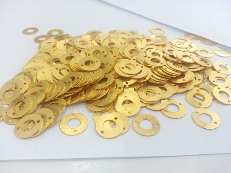 10 Pcs (14 mm)  Round Connector with Double Holes , Gold Plated Brass G2271
