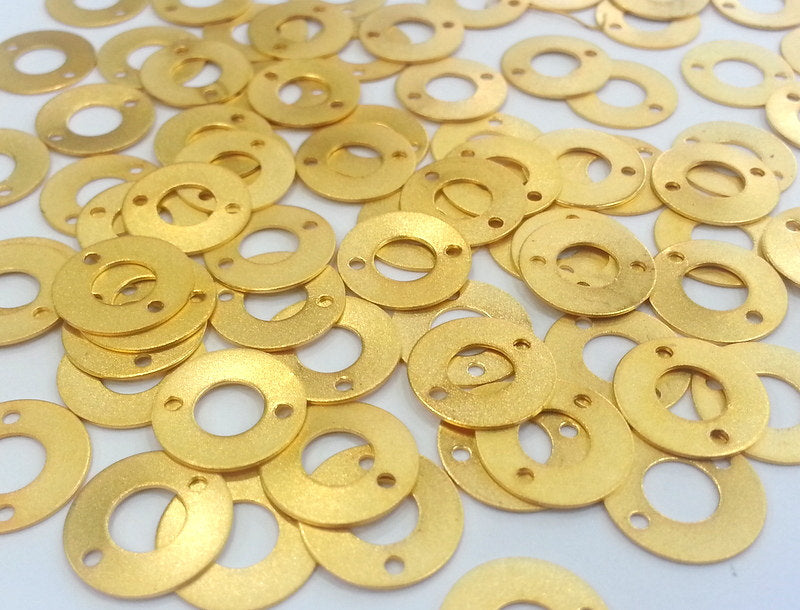 10 Pcs (14 mm)  Round Connector with Double Holes , Gold Plated Brass G2271