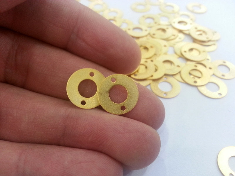 10 Pcs (14 mm)  Round Connector with Double Holes , Gold Plated Brass G2271