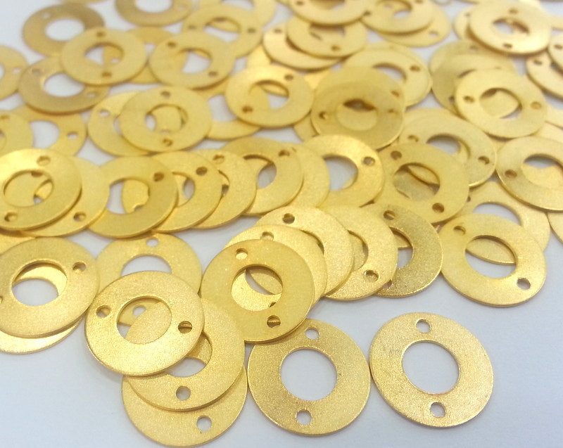 10 Pcs (14 mm)  Round Connector with Double Holes , Gold Plated Brass G2271