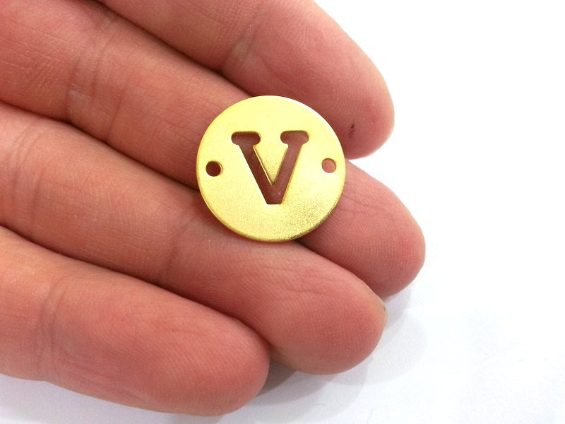 Gold Charms Letter V  Charm, Charms with Double Holes , Gold Plated Brass   20mm   G2310