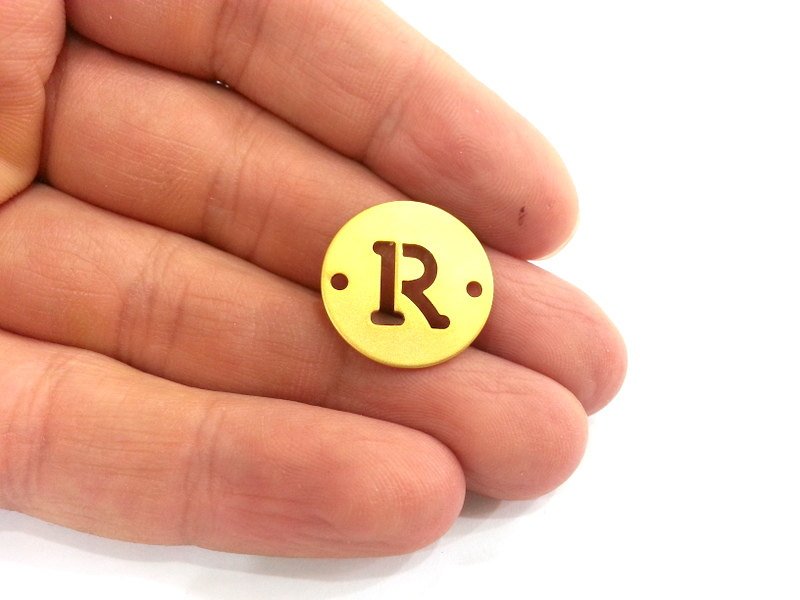 20mm   Letter R  Charm , Double Holes , Gold Plated Brass  G2319