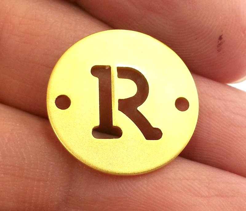 20mm   Letter R  Charm , Double Holes , Gold Plated Brass  G2319