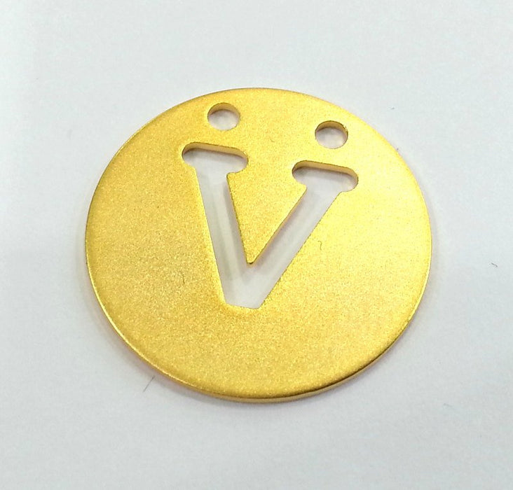 Gold Charms Letter V  Charm, Gold Plated Brass 20mm   G2340