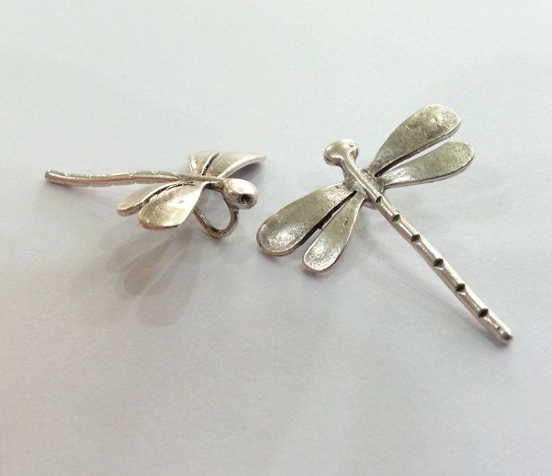 2 Silver Charms Dragonfly Charms Antique Silver Plated Brass  (28x26 mm)   G13683