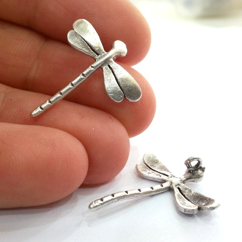 4 Dragonfly Charms Antique Silver Plated Brass (22x20 mm)  G13679