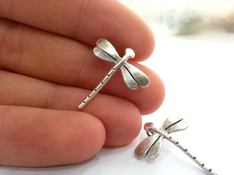 4 Dragonfly Charms Antique Silver Plated Brass (22x20 mm)  G13679