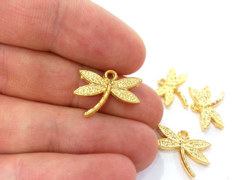 5 Dragonfly Charms, Gold Plated Metal (18x14 mm)  G2409