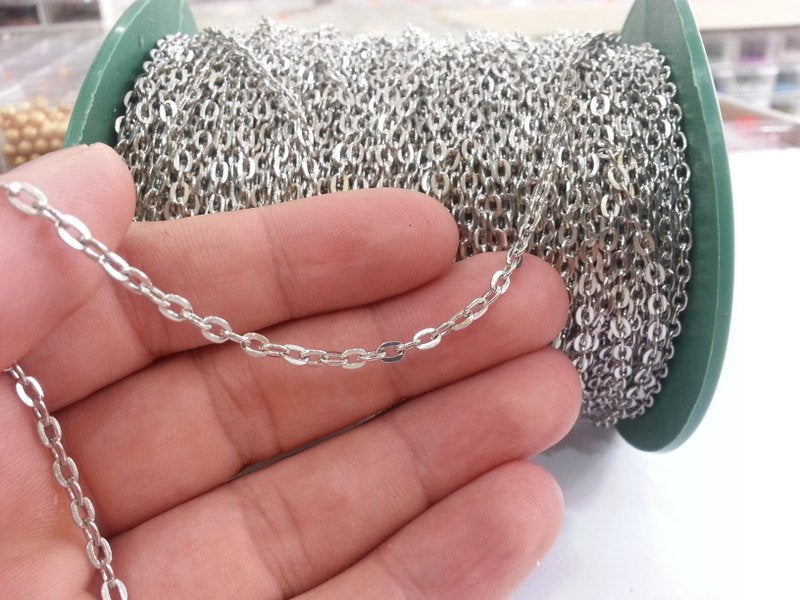 Silver color round cable flat chain 16.5 feet - 5 meters 3x4 mm - unsoldered , G2470