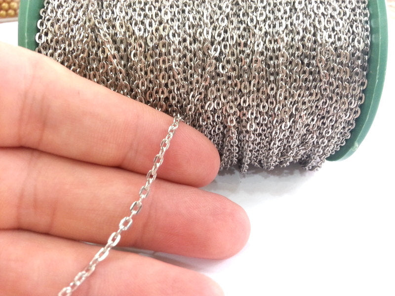 33 feet - 10 meters  of Silver color round cable flat chain 2x3 mm - unsoldered , G2476
