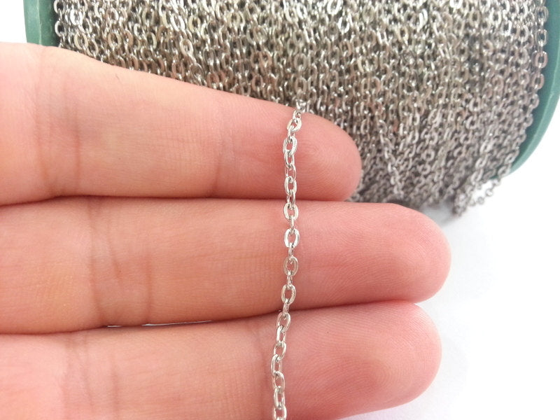 33 feet - 10 meters  of Silver color round cable flat chain 2x3 mm - unsoldered , G2476