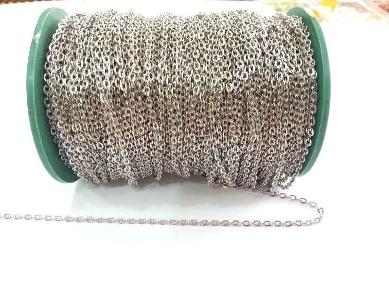 33 feet - 10 meters  of Silver color round cable flat chain 2x3 mm - unsoldered , G2476