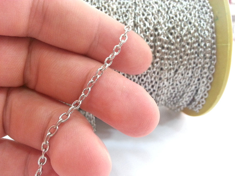 Silver Tone Chain 33 feet - 10 meters of Silver color round cable chain 3x4 mm - unsoldered , G2512