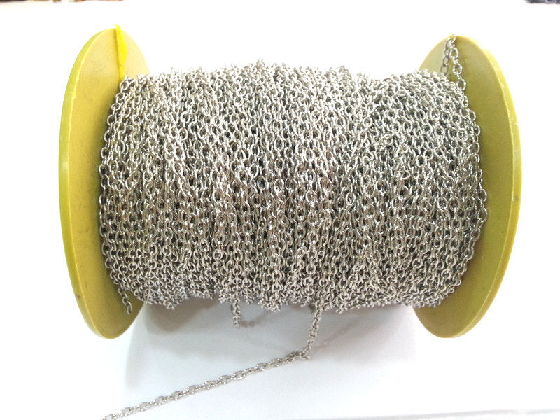 Silver Tone Chain 33 feet - 10 meters of Silver color round cable chain 3x4 mm - unsoldered , G2512