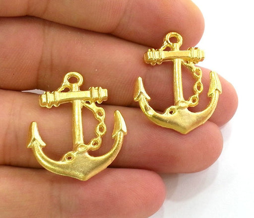 2 Pcs (28x25 mm) Anchor Charms, Gold Plated Metal  G2699