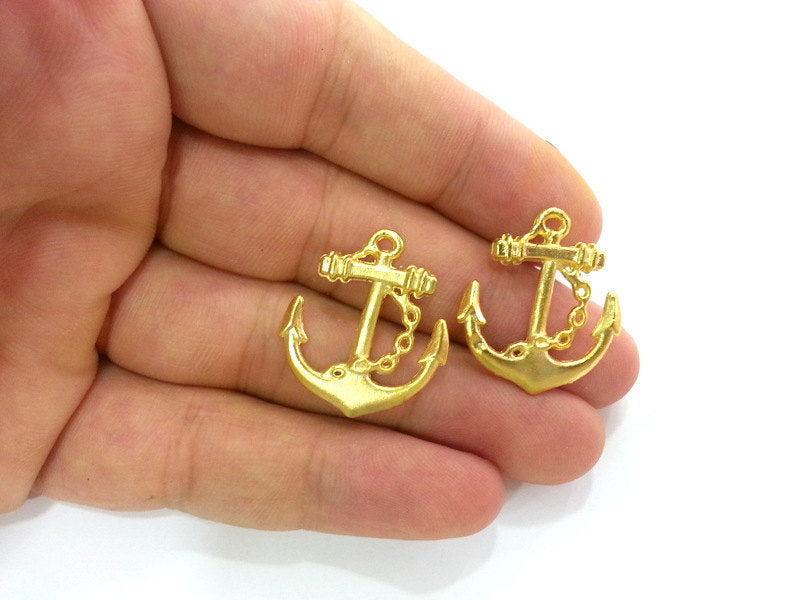 2 Pcs (28x25 mm) Anchor Charms, Gold Plated Metal  G2699