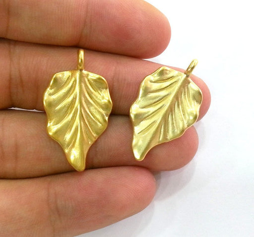 2 Gold Charms Leaf Charms , Gold Plated Metal  (32x19 mm) G11215