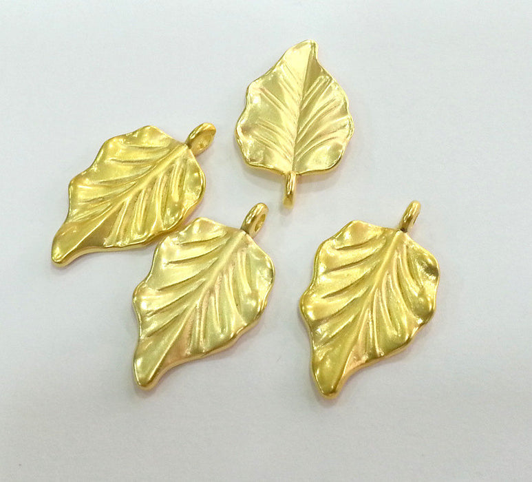 2 Gold Charms Leaf Charms , Gold Plated Metal  (32x19 mm) G11215