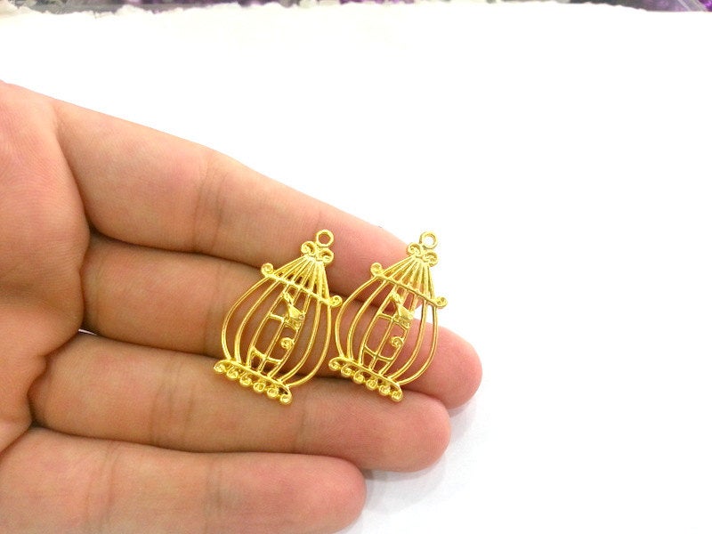 2 Gold Charms Birdcage  Charms , Gold Plated Metal  2 pcs (35x20 mm)  G20661