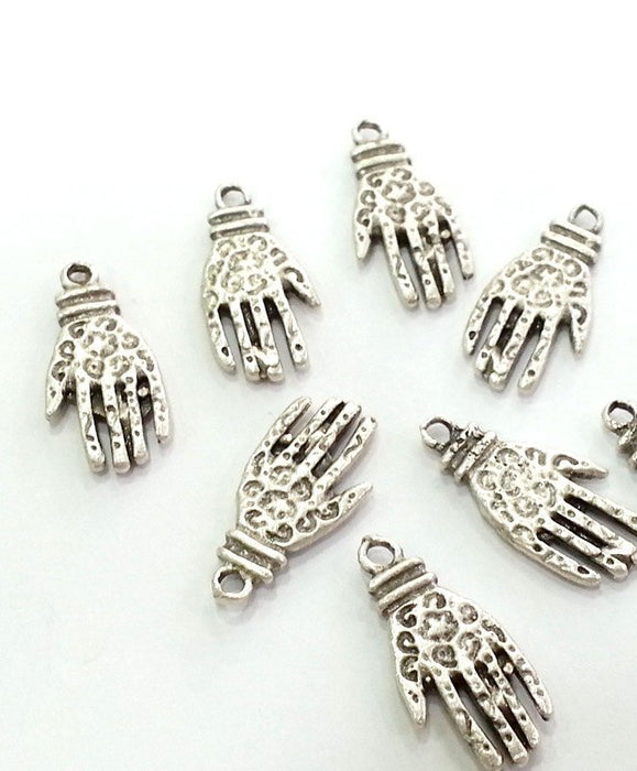 4 Antique Silver Plated Brass Hand Charms (20x10 mm)  G2988