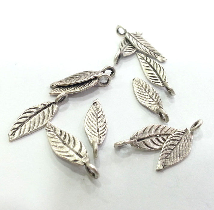 10 Silver Charms Leaf Charms Antique Silver Plated Brass  (20x7 mm)  G12932
