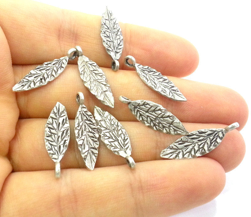 10 Leaf Charms Antique Silver Plated Brass Charms G13363