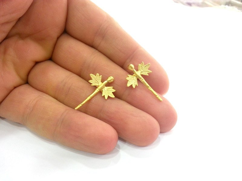 2 Gold Dragonfly Charms , Gold Plated Brass 2 Pcs (25x15 mm)  G3042