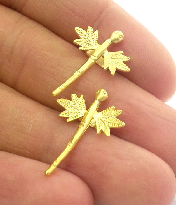 2 Gold Dragonfly Charms , Gold Plated Brass 2 Pcs (25x15 mm)  G3042