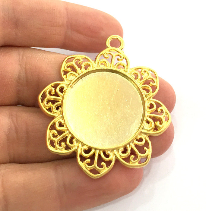 Flower Pendant Blank Gold Plated Blank , Mountings , Findings  (25 mm blank) 40 mm  G3169