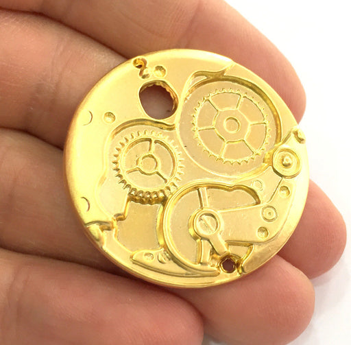 2 Gold Pendant Clockwork Pendant , Gold Plated Metal 35 mm G3172