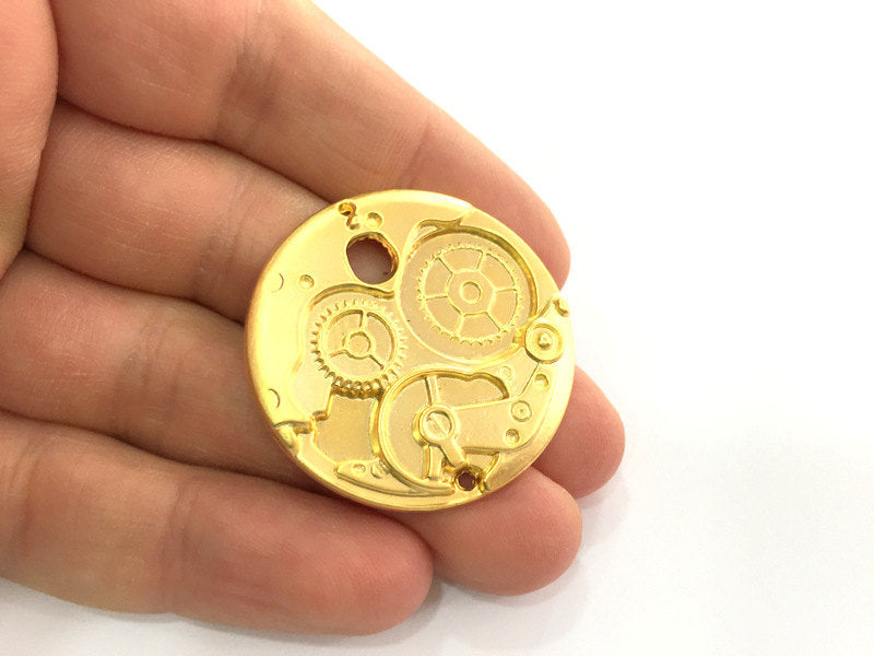 2 Gold Pendant Clockwork Pendant , Gold Plated Metal 35 mm G3172