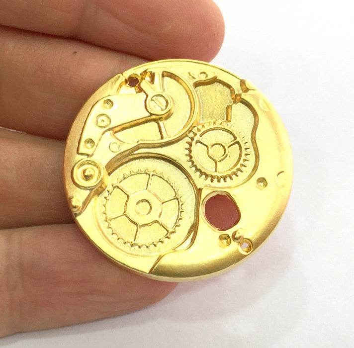 2 Gold Pendant Clockwork Pendant , Gold Plated Metal 35 mm G3172