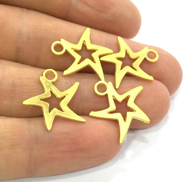 4 Gold Star Charms, Gold Plated Metal (20x19 mm)  G3514