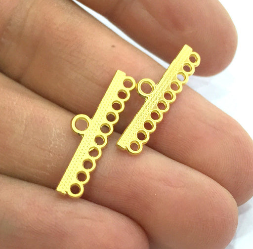 4 Gold End Bar Separator Ten Holes End Bars Findings  (25x5 mm) , Gold Plated Metal G3182