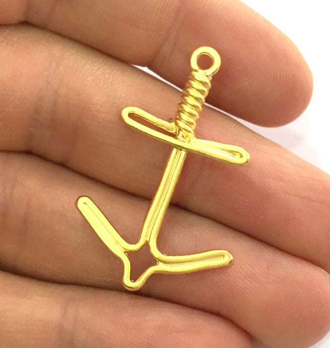 2 Pcs (38x25 mm)  Anchor Charms, Gold Plated Metal G3204