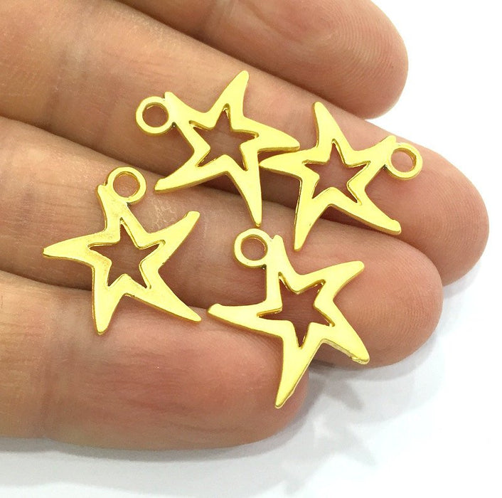 4 Gold Star Charms, Gold Plated Metal (20x19 mm)  G3514
